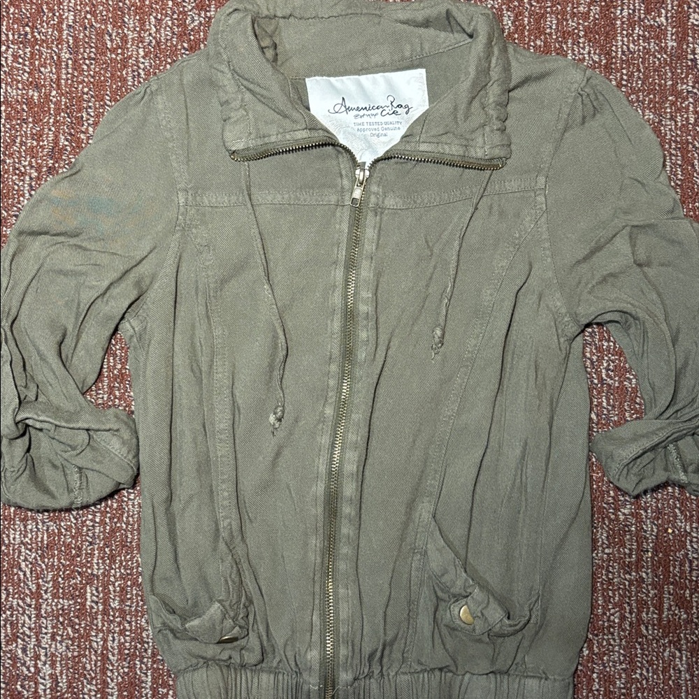 American Rag knit zip up olive green zip up loose fit moto jacket lightweight S